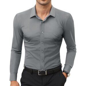 Men Silver Long Sleeve Slim Muscle Fit Wrinkle Free Button Down Dress Shirts